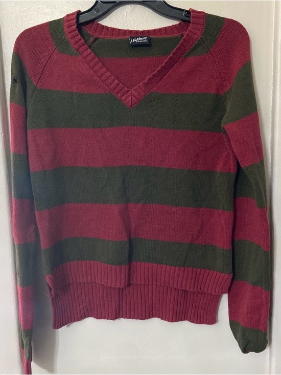 Nightmare on Elm Street￼ Sweaters - Striped V-Neck Sweater in Burgundy and Olive Green by Ambiance